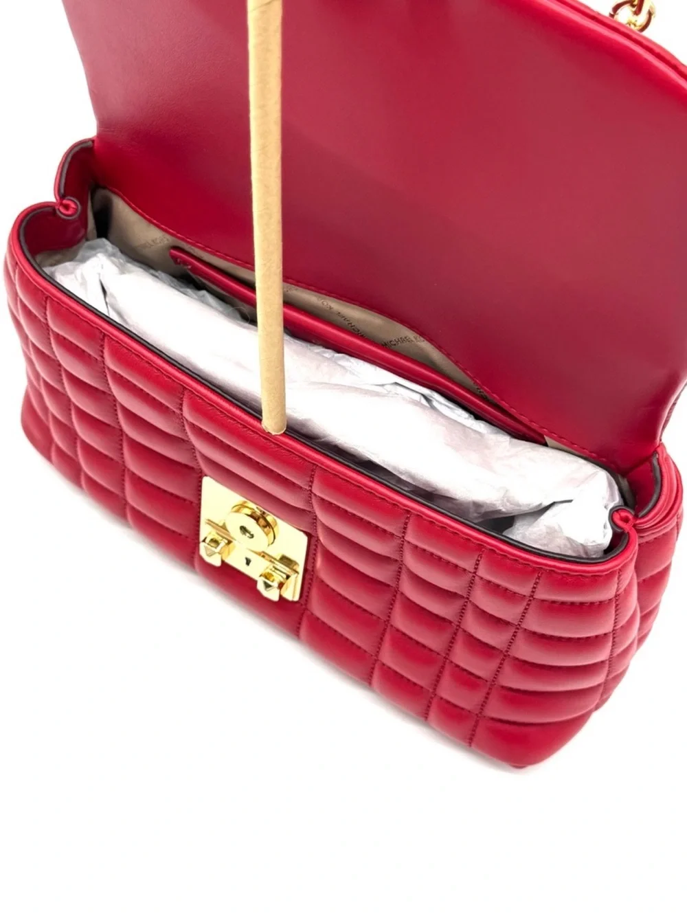 Michael Kors Tribeca Medium Quilted Leather Satchel Bag Crimson Red